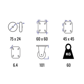 Zwenkwiel met thermoplastisch rubber, stalen gaffel en plaatbevestiging, 75 mm diameter