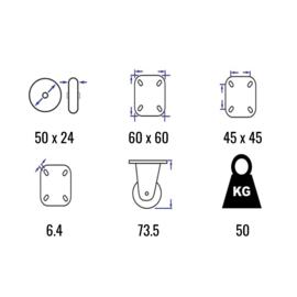 Fixed castor with thermoplastic rubber, steel fork and plate mount, 50 mm diameter