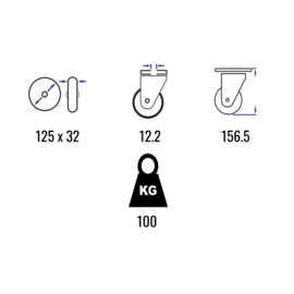 Zwenkwiel van polyamide met stalen gaffel en boutgat, 125 mm diameter