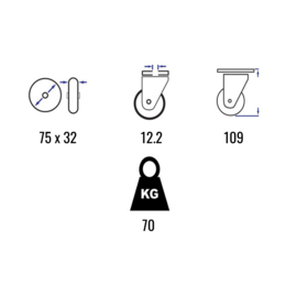 Bokwiel van polyamide met stalen gaffel en boutgat, 75 mm diameter