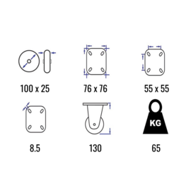 Swivel castor made of solid rubber, with steel fork and plate mount, 100 mm diameter