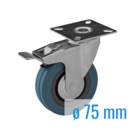 Zwenkwiel met rem, van solide rubber, stalen gaffel en plaatbevestiging, 75 mm diameter