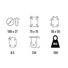 Zwenkwiel met thermoplastisch rubber, velg van polypropyleen, stalen gaffel en plaatbevestiging, 100 mm diameter