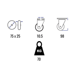 Zwenkwiel met thermoplastisch rubber, velg van polypropyleen, stalen gaffel en boutgat, 75 mm diameter