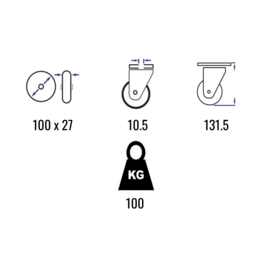 Zwenkwiel met thermoplastisch rubber, velg van polypropyleen, stalen gaffel en boutgat, 100 mm diameter