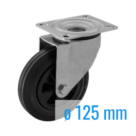 Swivel castor with black rubber tire, steel fork and plate mount, 125 mm diameter