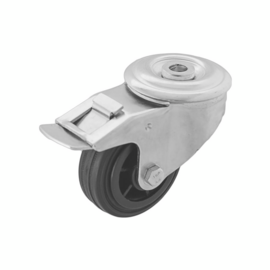 Swivel castor with brake, black rubber tire, steel fork and bolt hole, 80 mm diameter