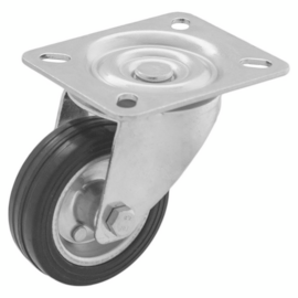 Swivel castor with black rubber tire and steel rim, steel fork and plate mount, 80 mm diameter