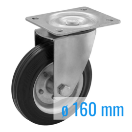 Swivel castor with black rubber tire and steel rim, steel fork and plate mount, 160 mm diameter