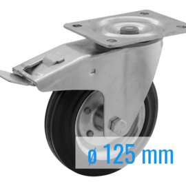 Swivel castor with brake, black rubber tire and steel rim, steel fork and plate mount, 125 mm diameter