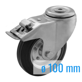 Swivel castor with brake, black rubber tire and steel rim, steel fork and bolt hole, 100 mm diameter