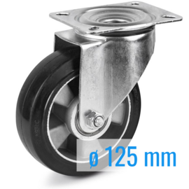 Swivel castor with elastic rubber tire, aluminium rim, steel fork and plate mount, 125 mm diameter