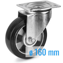 Swivel castor with elastic rubber tire, aluminium rim, steel fork and plate mount, 160 mm diameter