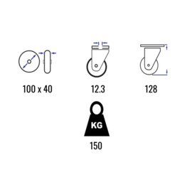 Lenkrolle mit elastischem Gummireifen, Aluminiumfelge, Stahlgabel und Rückenloch, 100 mm Durchmesser