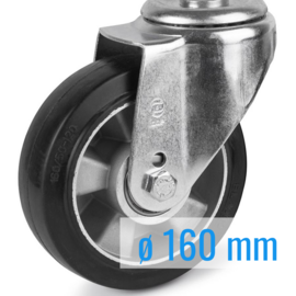 Swivel castor with elastic rubber tire, aluminium rim, steel fork and bolt hole, 160 mm diameter