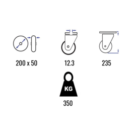 Swivel castor with brake, elastic rubber tire, aluminium rim, steel fork and bolt hole, 200 mm diameter