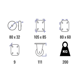 Zwenkwiel met polyamide band, centrale bout, stalen gaffel en plaatbevestiging, 80 mm diameter