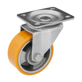 Swivel castor with polyurethane tire, central kingpin, steel fork and plate mount, 80 mm diameter