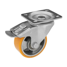 Swivel castor with brake, polyurethane tire, central kingpin, steel fork and plate mount, 80 mm diameter