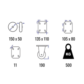 Swivel castor with brake, polyurethane tire, central kingpin, steel fork and plate mount, 150 mm diameter