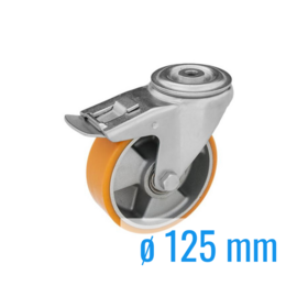 Zwenkwiel met rem, band van polyurethaan, centrale bout, stalen gaffel en boutgat, 125 mm diameter