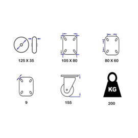 Lenkrolle mit Bremse, 125 mm Durchmesser, elastischer Gummireifen, Tragfähigkeit bis 180 kg